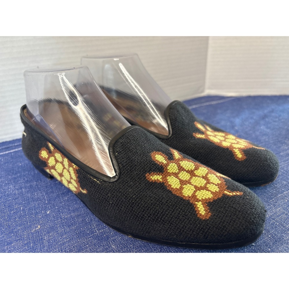 Stubbs & Wootton Sea Turtle Needlepoint Loafers Black Slippers Womens 8 AA Spain